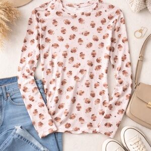 Pink Long Sleeve Crewneck Top with Brown Dot Print